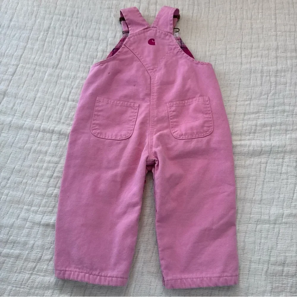 Carhartt Toddler Pink Canvas Bib Overalls Size 12 Months Flannel Lined Bibs